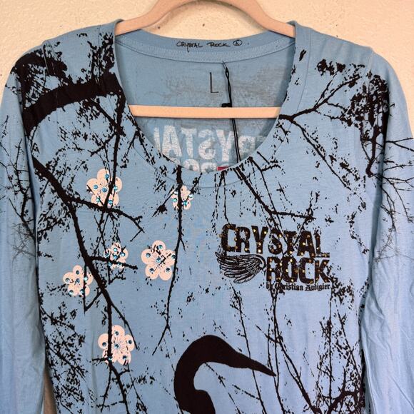 Christian Audigier Crystal Rock Top Womens Large Crane Blossom Y2K Tunic Shirt - Picture 6 of 13